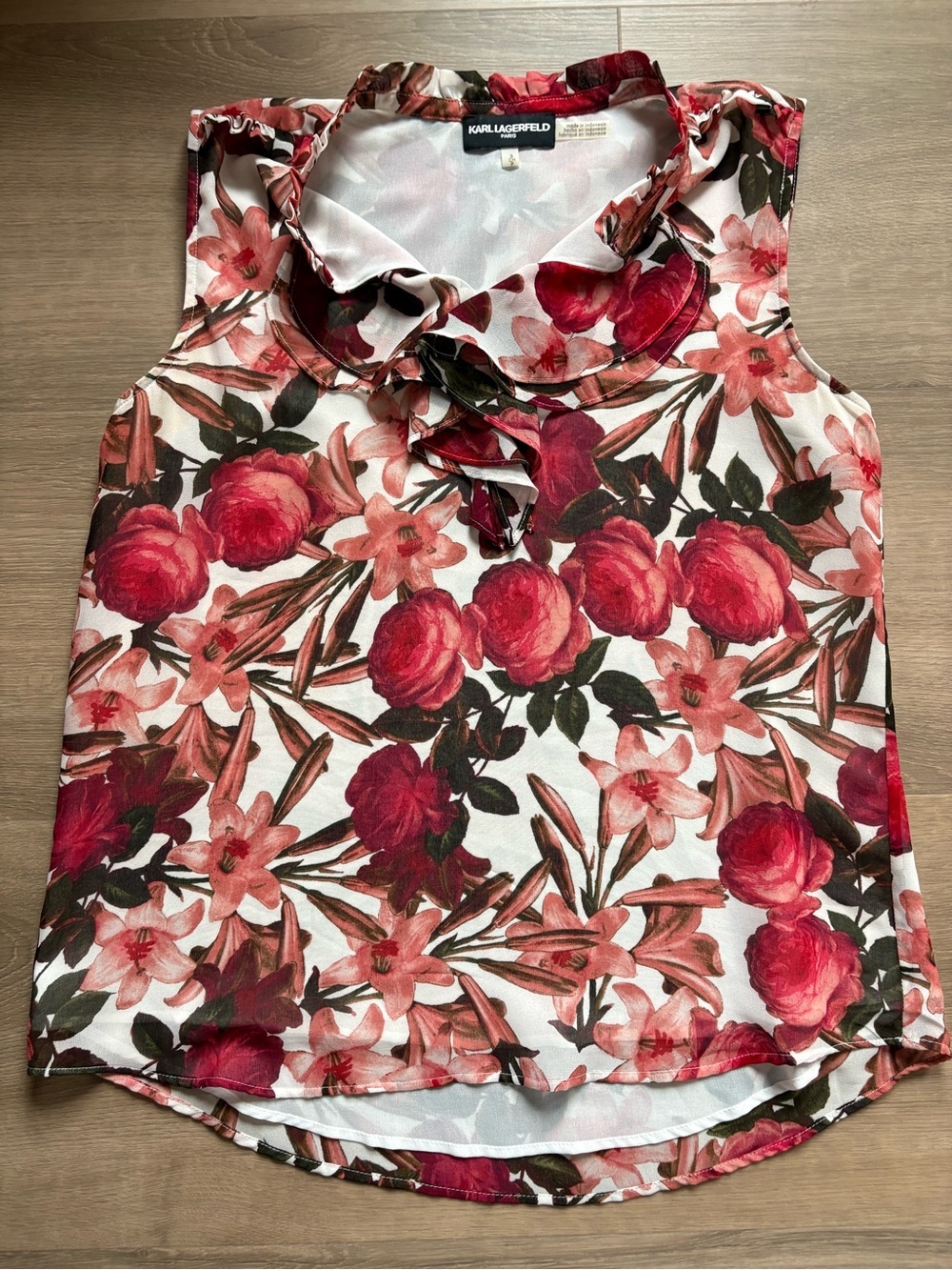 Karl Lagerfeld Floral Ruffle Top in red and pink- size S - Picture 3 of 6